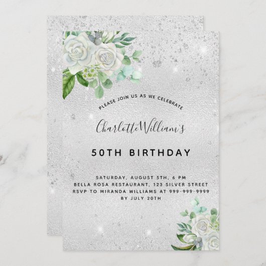 Invitation Argent d'anniversaire éclat vert floral (Devant / Derrière)