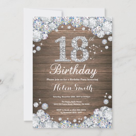 Invitation Argent Diamant Anniversaire 18 Ans Rustique (Devant)