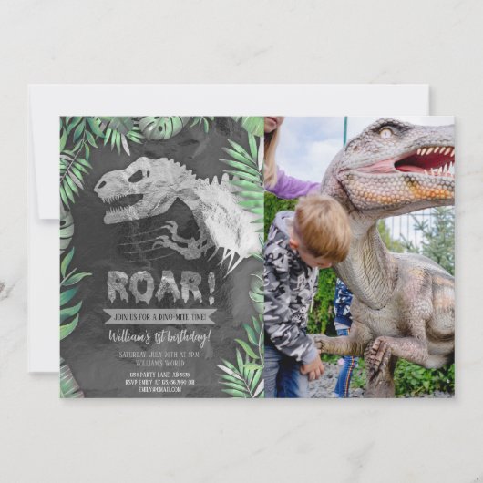 Invitation Argent Dinosaur Roar Photo Anniversaire (Devant)