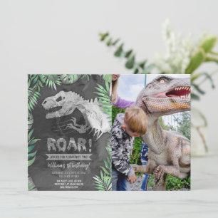 Invitation Argent Dinosaur Roar Photo Anniversaire