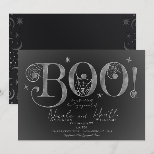 Invitation Argent Elegant BOO Magique Halloween Fiançailles (Devant / Derrière)