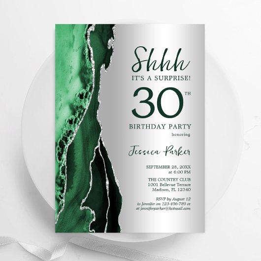 Invitation Argent Emerald Green Agate Surprise 30e anniversai