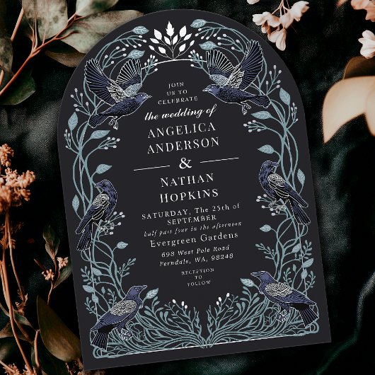 Invitation Argent Enchantée Gothique Corbeau Mariage Floral A