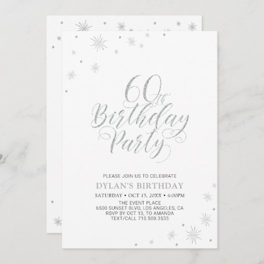Invitation Argent et blanc | Modern Chic 60th Birthday Party (Devant / Derrière)