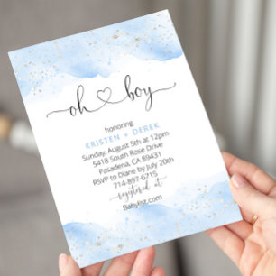 Invitation Argent et bleu aquarelle Oh Baby shower garçon