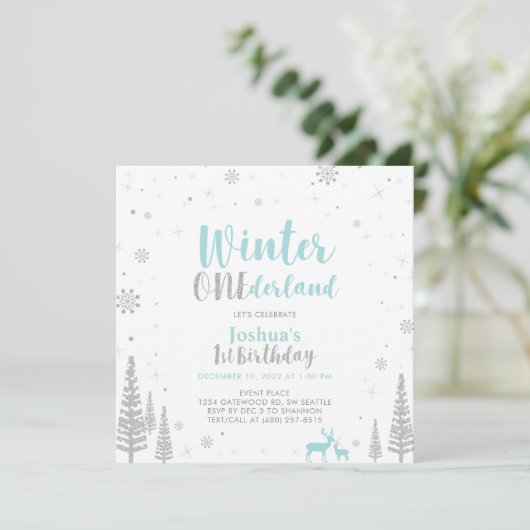 Invitation Argent et bleu Hiver Onederland 1er Anniversaire (Debout devant)