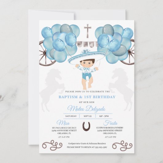 Invitation Argent et bleu Mexicain bébé garçon Charro Baptême (Devant)