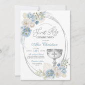 Invitation Argent et Boho Bleu Garçon Première communion sain (Devant)