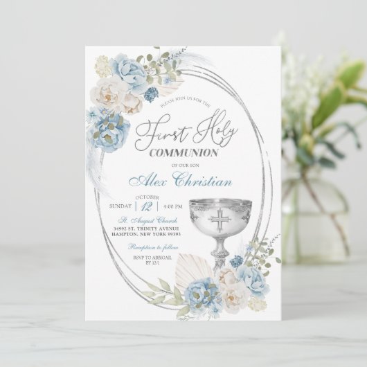 Invitation Argent et Boho Bleu Garçon Première communion sain (Debout devant)