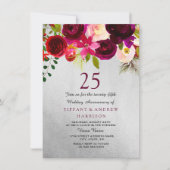 Invitation Argent et Bourgogne Floral 25e anniversaire Mariag (Devant)