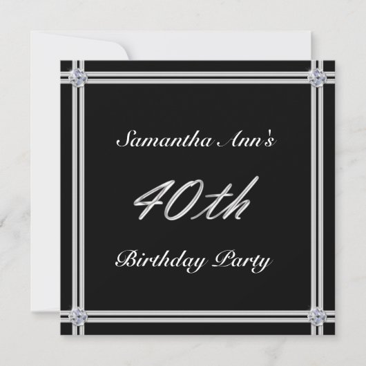 Invitation Argent et diamant sur noir, 40e anniversaire (Devant)