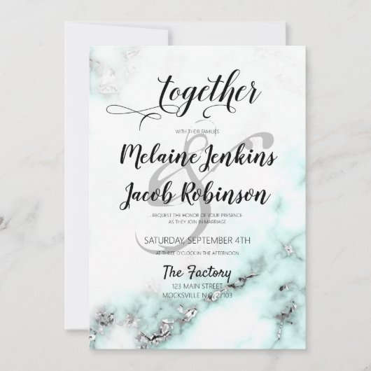 Invitation Argent et marbre Turquoise Elégant mariage Invitat (Devant)