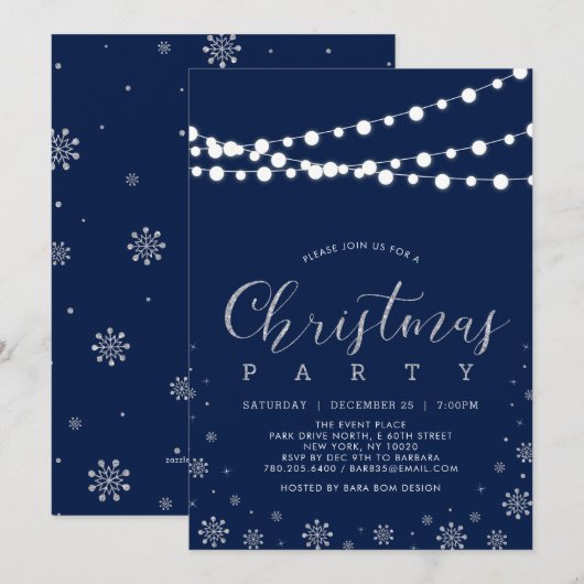 Invitation Argent et marine | Fête de Noël des Snowflakes mod (Devant / Derrière)