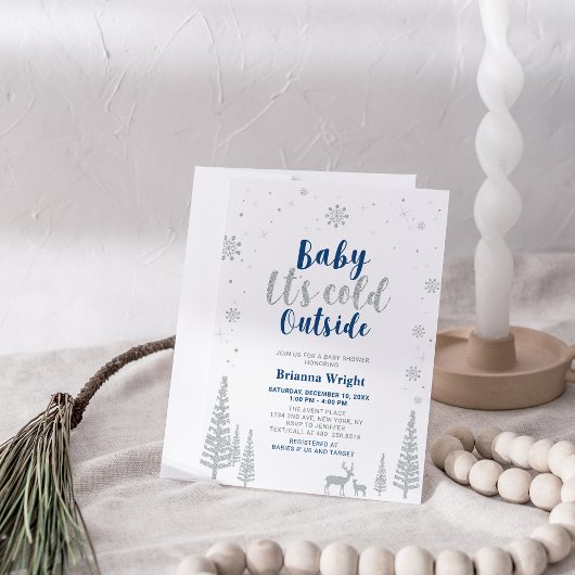 Invitation Argent et Marine Hiver Wonderland Baby shower garç
