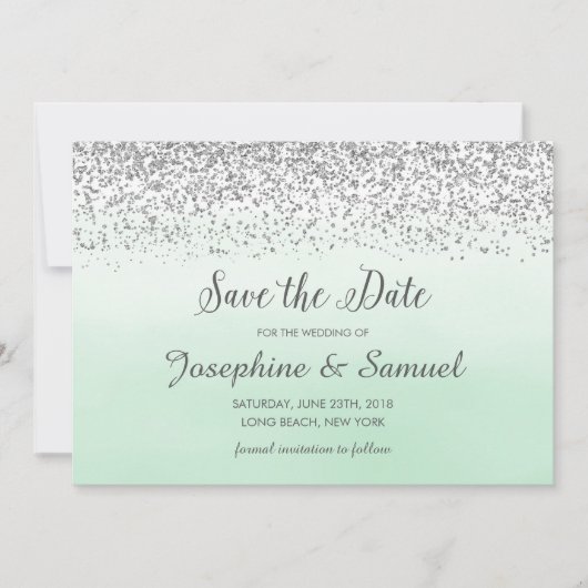 Invitation Argent et Menthe verte Enregistrer la date (Devant)