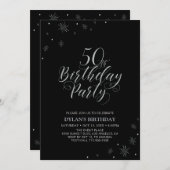 Invitation Argent et noir | Modern Chic 50th Birthday Party (Devant / Derrière)