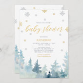 Invitation Argent et or, Baby shower de forêt d'hiver de Snow (Devant / Derrière)