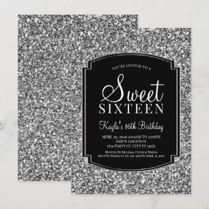 Invitation Argent et Parties scintillant noire Sweet 16 Invit