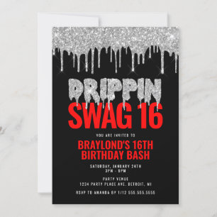 Invitation Argent et Rouge Drippin Swag 16 Anniversaire 