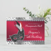 Invitation argent et rouge pour soirée bal masqué (Debout devant)