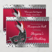 Invitation argent et rouge pour soirée bal masqué (Devant / Derrière)