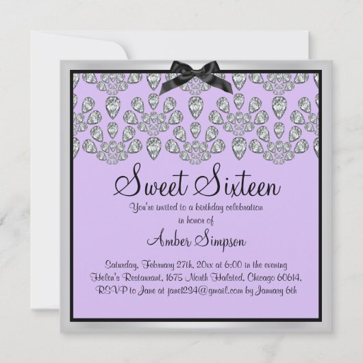 Invitation Argent et violet Forever Diamonds Sweet 16 Invitat (Devant)
