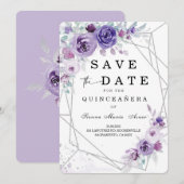 Invitation Argent et violet sauvez la date Quinceañera (Devant / Derrière)