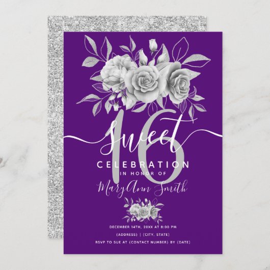 Invitation Argent Fab Parties scintillant florale 16e anniver (Devant / Derrière)