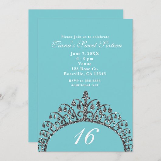 Invitation Argent Faux Parties scintillant Tiara Crown Sweet (Devant / Derrière)