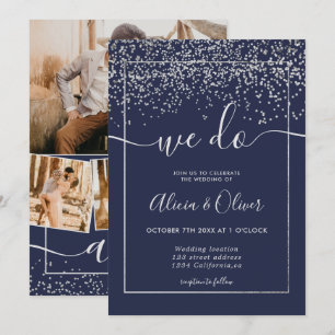 Invitation Argent feuille marine bleu photo initiales mariage