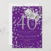 Invitation Argent Floral & Confetti 40e Anniversaire Violet (Devant)