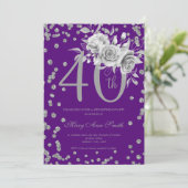 Invitation Argent Floral & Confetti 40e Anniversaire Violet (Debout devant)