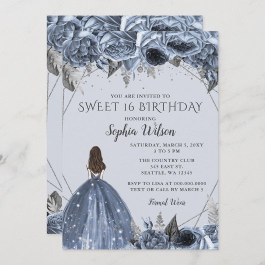 Invitation Argent floral Dusty Blue Spakle Robe Douce 16 (Devant / Derrière)