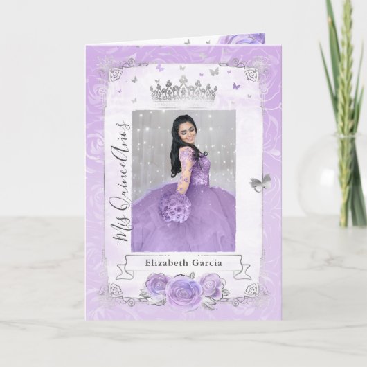 Invitation Argent floral et collier violet clair photo pliée (Devant)