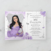 Invitation Argent floral et collier violet clair photo pliée (Intérieur)