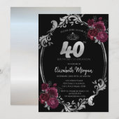 Invitation Argent Frame Bourgogne Rose Noir 40e anniversaire (Devant / Derrière)