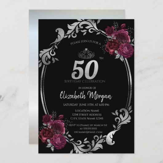 Invitation Argent Frame Bourgogne Rose Noir 50e anniversaire (Devant / Derrière)
