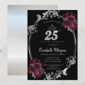 Invitation Argent Frame Bourgogne Roses Noir 25e anniversaire (Devant / Derrière)