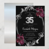 Invitation Argent Frame Bourgogne Roses Noir 35e anniversaire (Devant / Derrière)