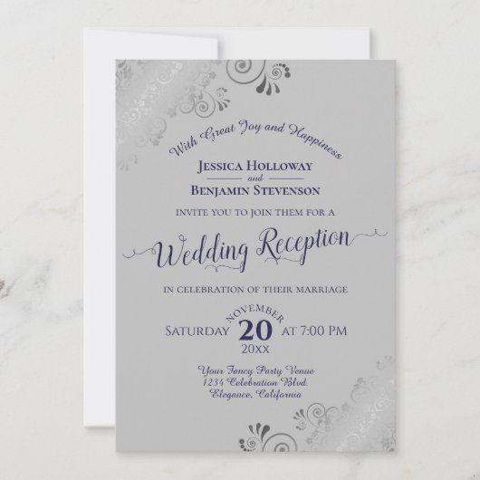 Invitation Argent Frills Marine Blue & Grey Mariage Réception (Devant)
