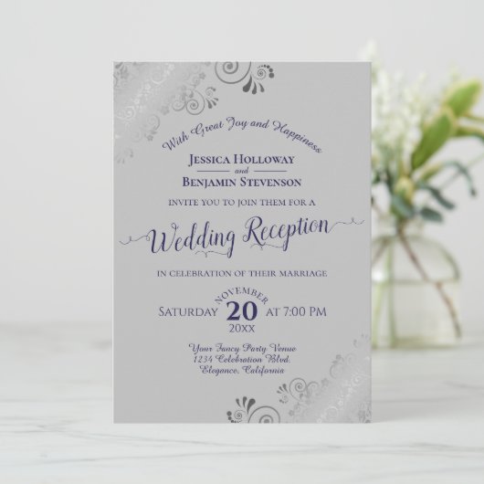 Invitation Argent Frills Marine Blue & Grey Mariage Réception (Debout devant)