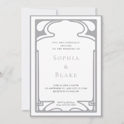 Invitation Argent géométrique et Mariage Art déco blanc (Devant)