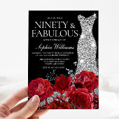 Invitation Argent Gown Red Roses 90e Anniversaire Fête Noir