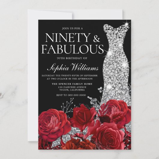 Invitation Argent Gown Red Roses 90e Anniversaire Fête Noir (Devant)