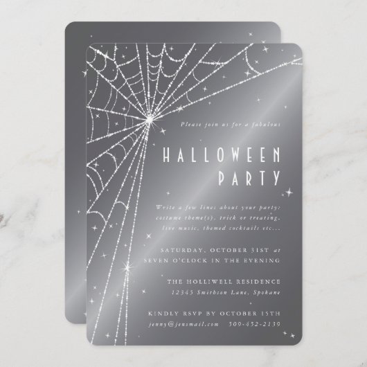 Invitation Argent gris araignée Web Halloween Party (Devant / Derrière)