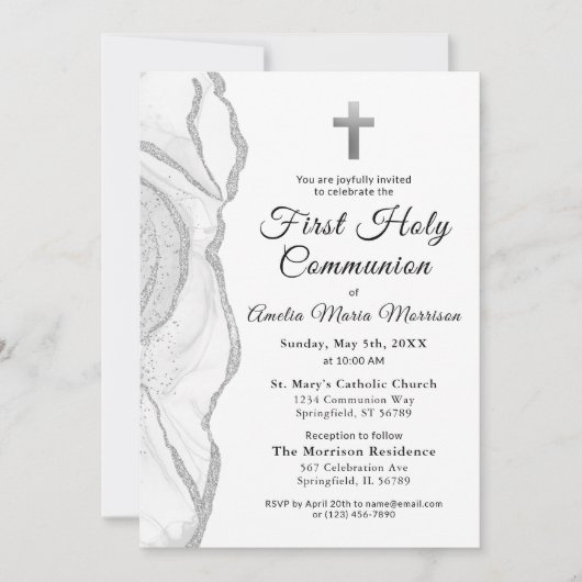 Invitation Argent gris blanc Agate Première Sainte Communion  (Devant)