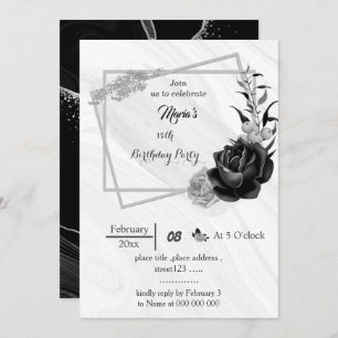 Invitation argent gris et fleurs noires anniversaire géométri