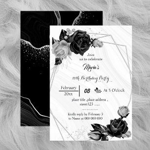 Invitation argent gris et fleurs noires anniversaire géométri