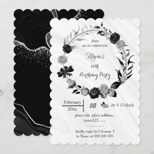 Invitation argent gris et fleurs noires couronne anniversaire