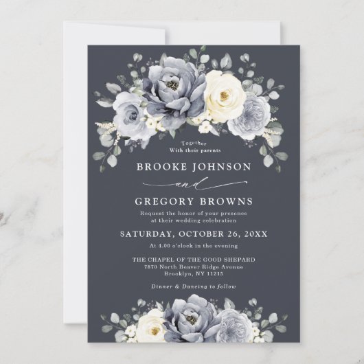 Invitation Argent Gris ivoire Floral hiver Rustique Mariage I (Devant)